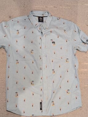Ripcurl Heatheres Blue Short Sleeve Button-Down with Orange & Green Island Print